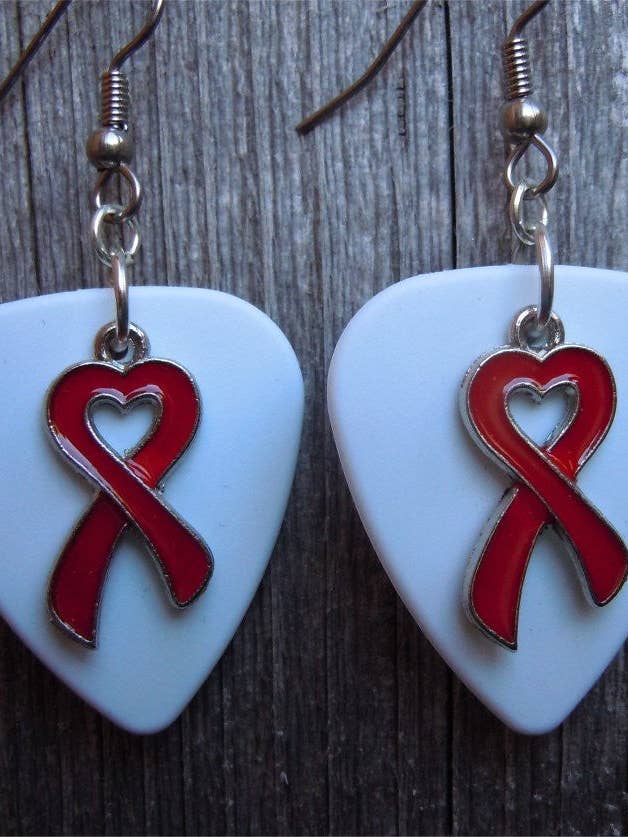 Red Ribbon Heart Charm and Guitar Pick Earrings for wholesale by Simply Raevyn