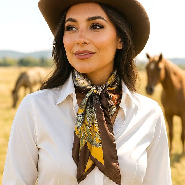 35X35" Yellow & Brown Floral Wild Rag/Scarf WR3122 for wholesale by Rodeo Drive