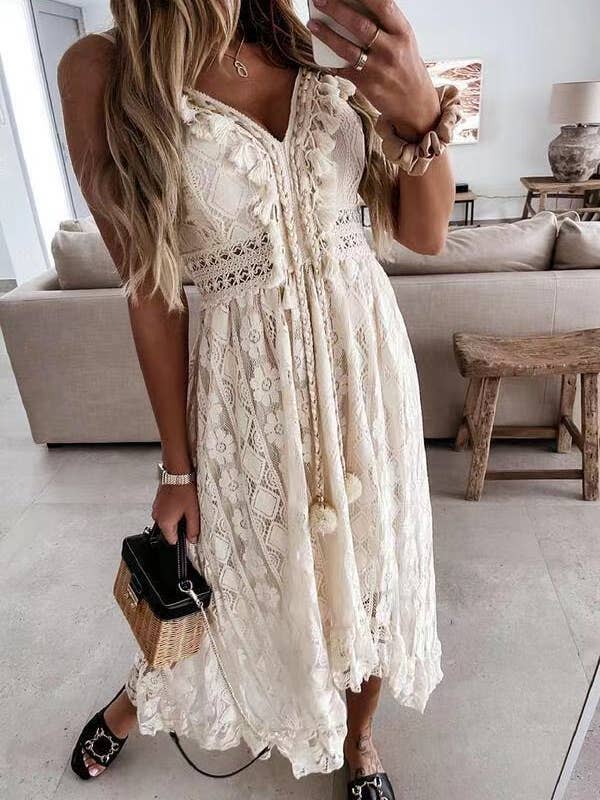Rosa Clothing - Wholesale Dress - Women's - Boho Ecru Crochet Lace swing flare dress