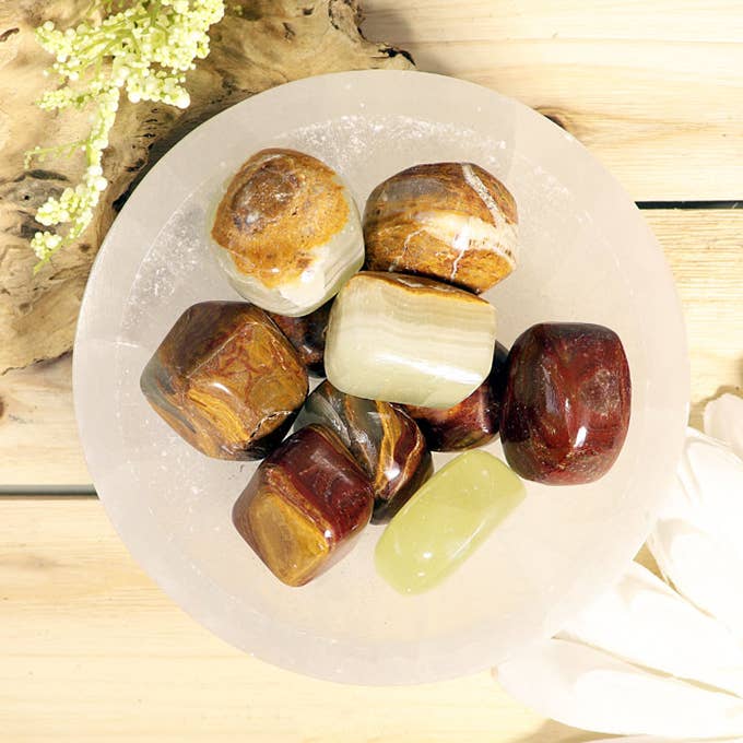 1 lb Natural Red and Green Onyx Tumbled Stones for wholesale by Natures Artifacts Inc