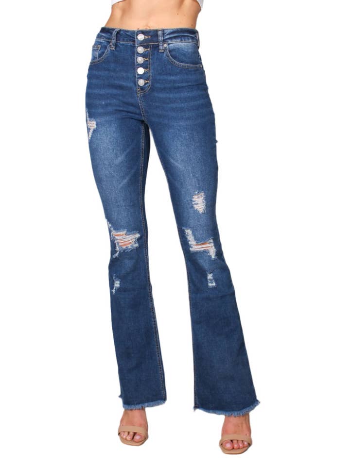 Good Stuff Apparel - Wholesale Jeans - Women's - Women's High Waist Five Buttons Tattered Flare Jeans