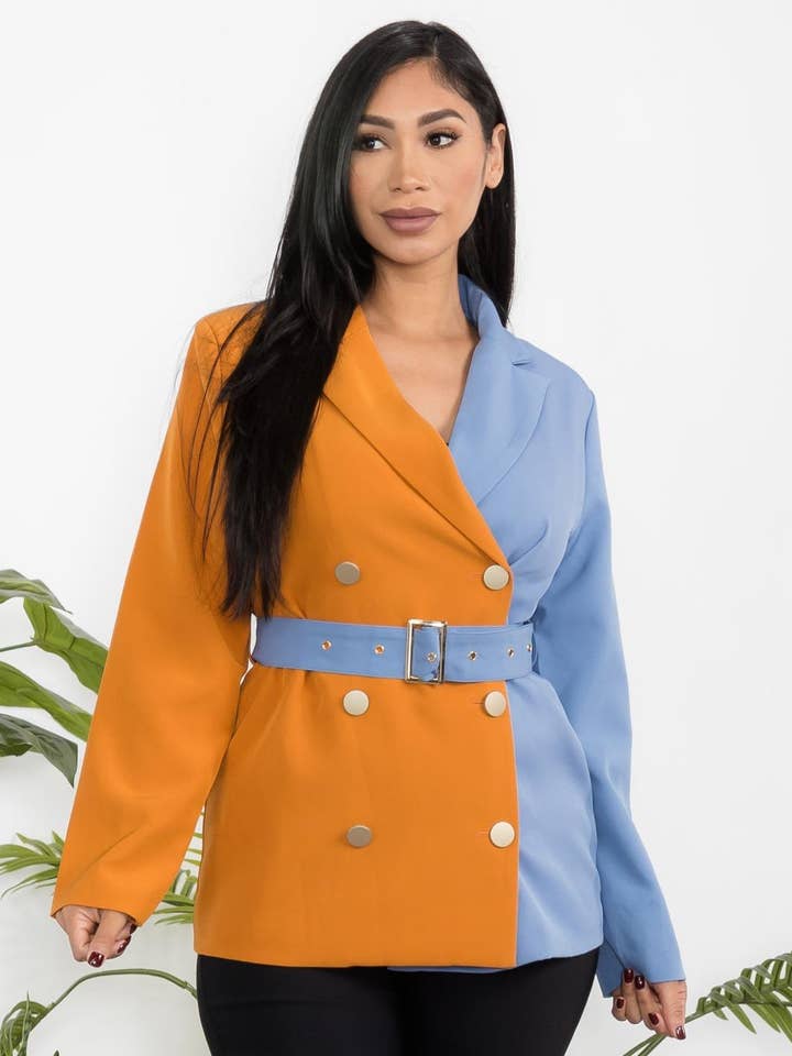 AM647J Tweekleurige Blazer Knoopjas met Tailleband voor wholesale door H&H Fashion Inc.