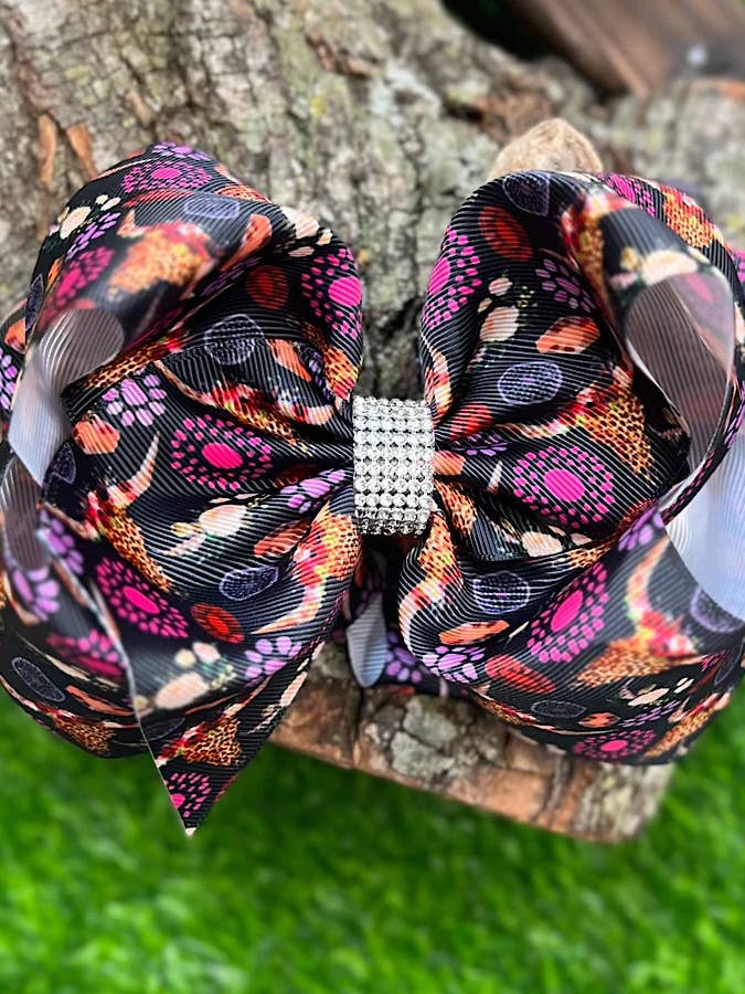 COWSKULL & PINK CONCHO PRINTED HAIR BOW. BW-DSG-820 4PCS/$10 for wholesale by Kids Charm Online