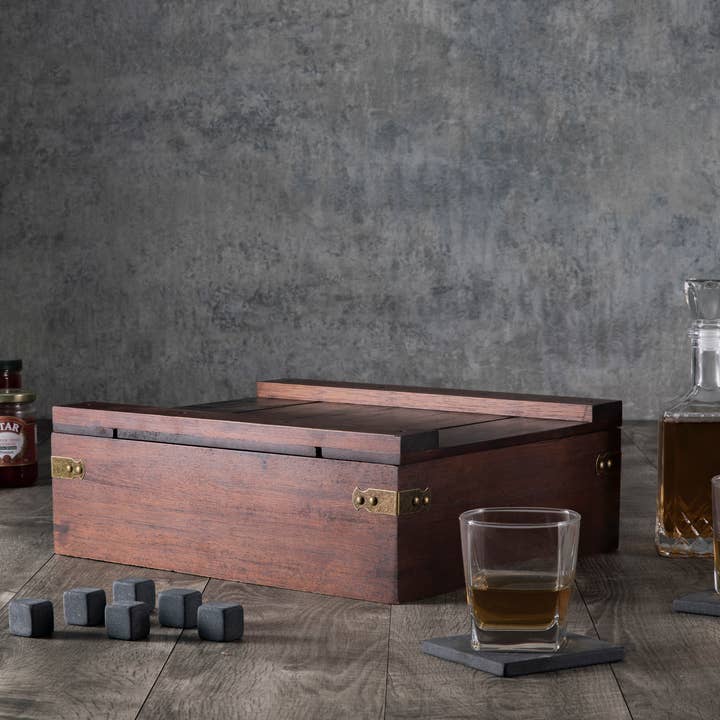 Dark Stain Parawood Whiskey Box with Decanter - Gift Set for wholesale on Faire6