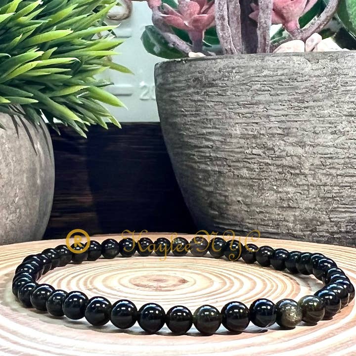 KayleeNYC - Wholesale Beaded Bracelet - Natural Gold Sheen Obsidian 4mm 7.5” Cry