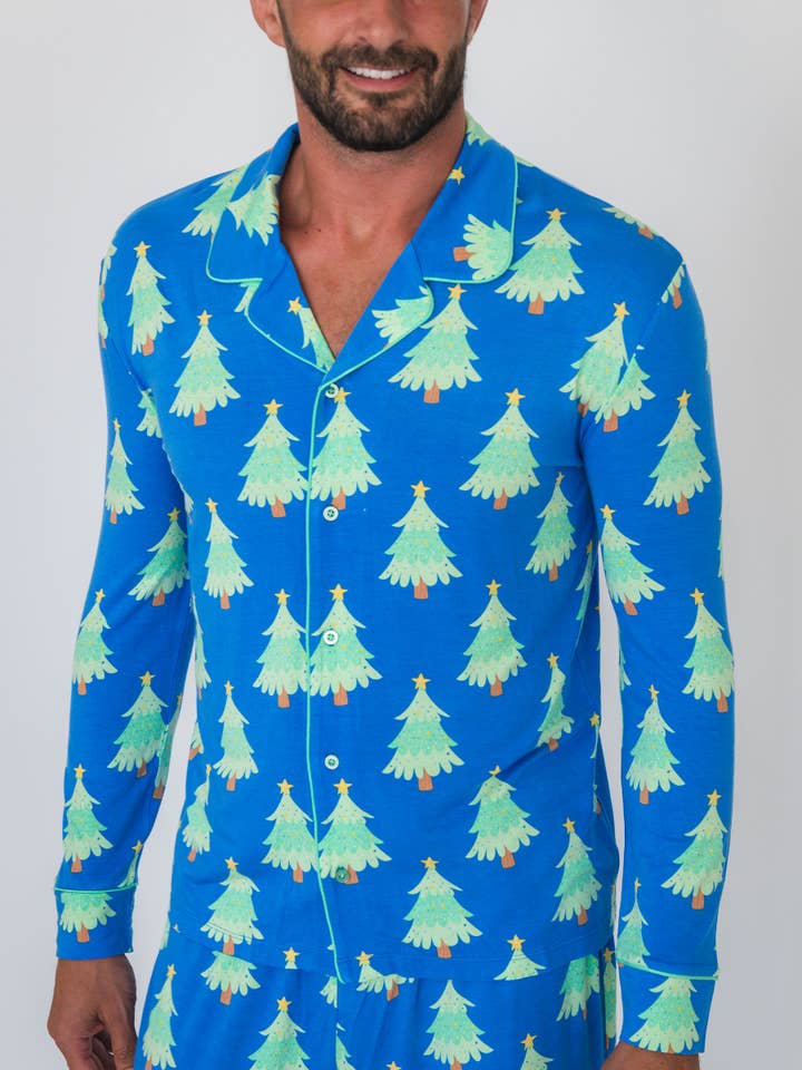 SoftSnooze™ Adult Bamboo Viscose Blue Twinkling Trees Button Up Pajama Set
for wholesale on Faire2