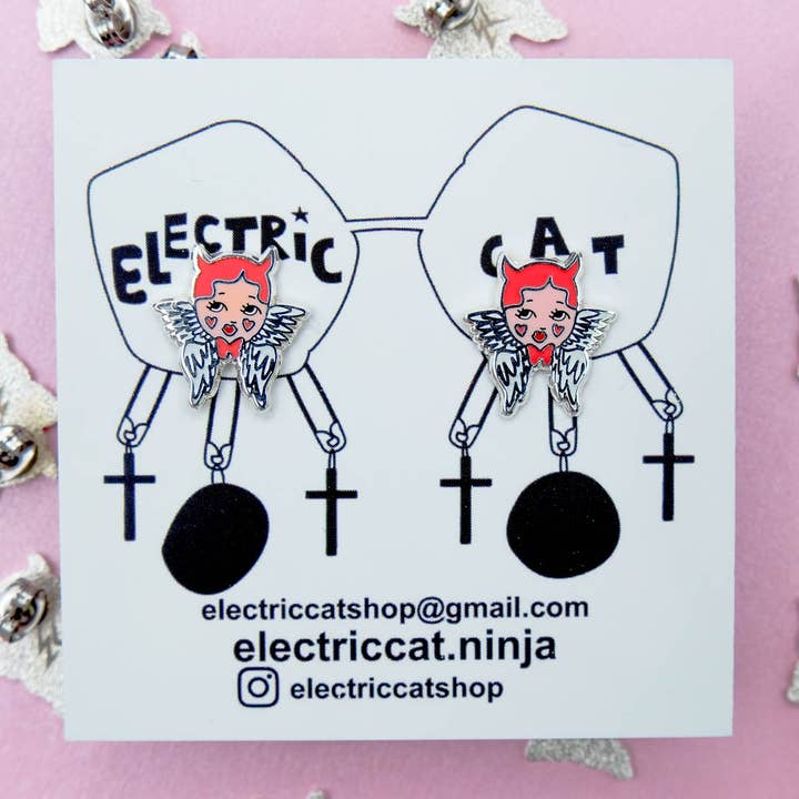 Electric Cat - Wholesale Stud/Post Earrings - Kitschy Angel Devil Hard Enamel Earrings