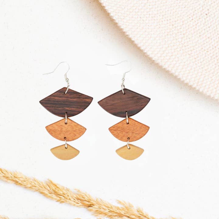 Golden Wood Geometric Earrings for wholesale by Upavim Crafts