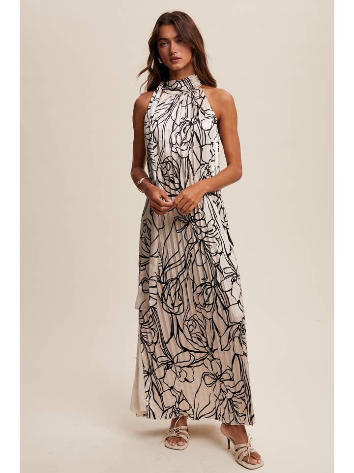 Listicle - Wholesale Dress – Women's - Pleated Floral Halter Satin Maxi Dress12
