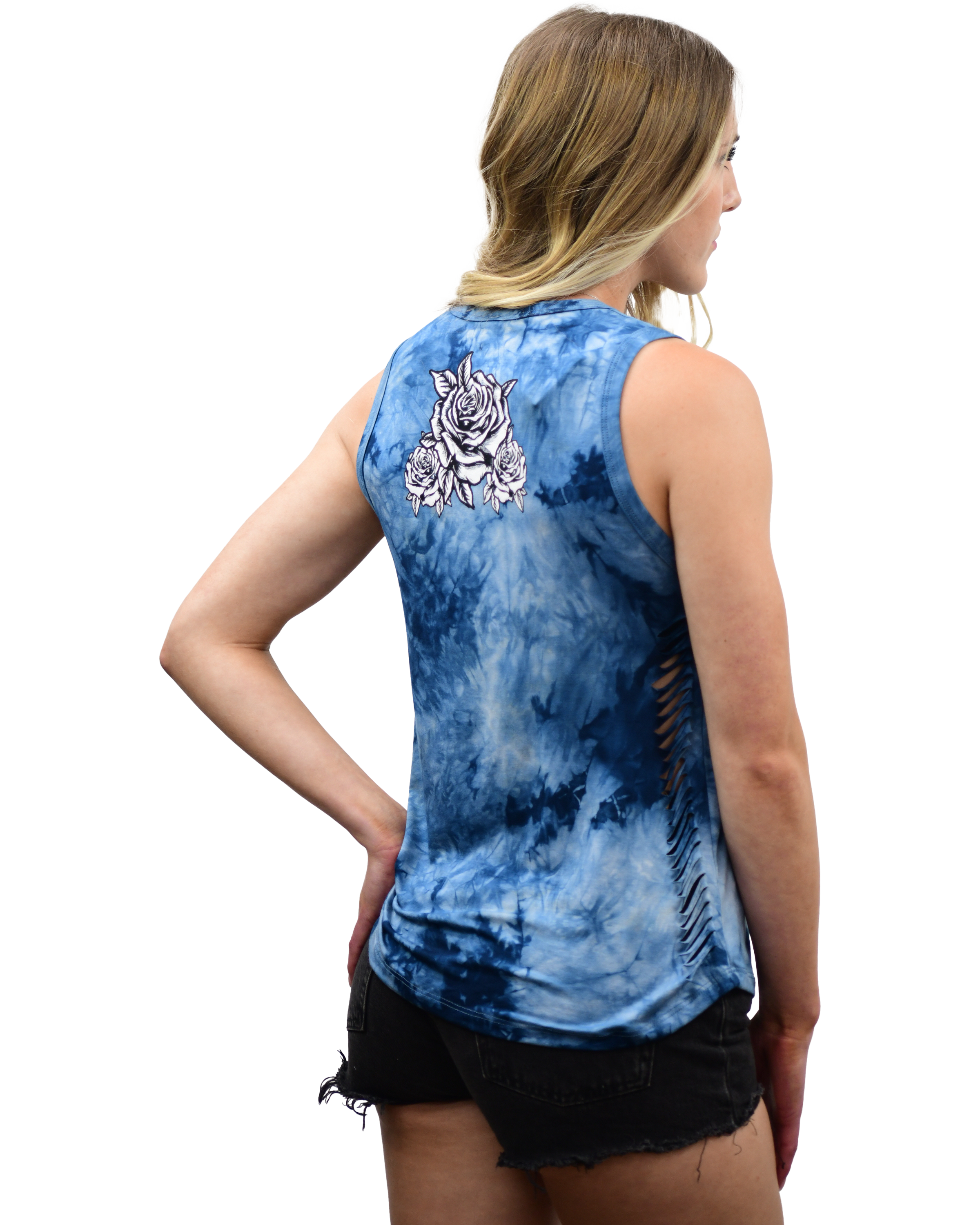 Liberty Wear Apparel - Vente Débardeur – femme - 7509 - Débardeur bleu effet minéral avec roses et ailes ornées de strass1