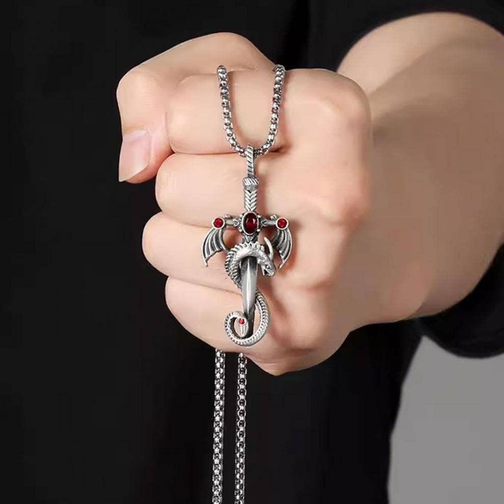 SALINA TRADING INC - Wholesale Pendant/Charm Necklace - Retro Multi-Color Gem Dragon Sword Stainless Steel Chain Necklace for Men9