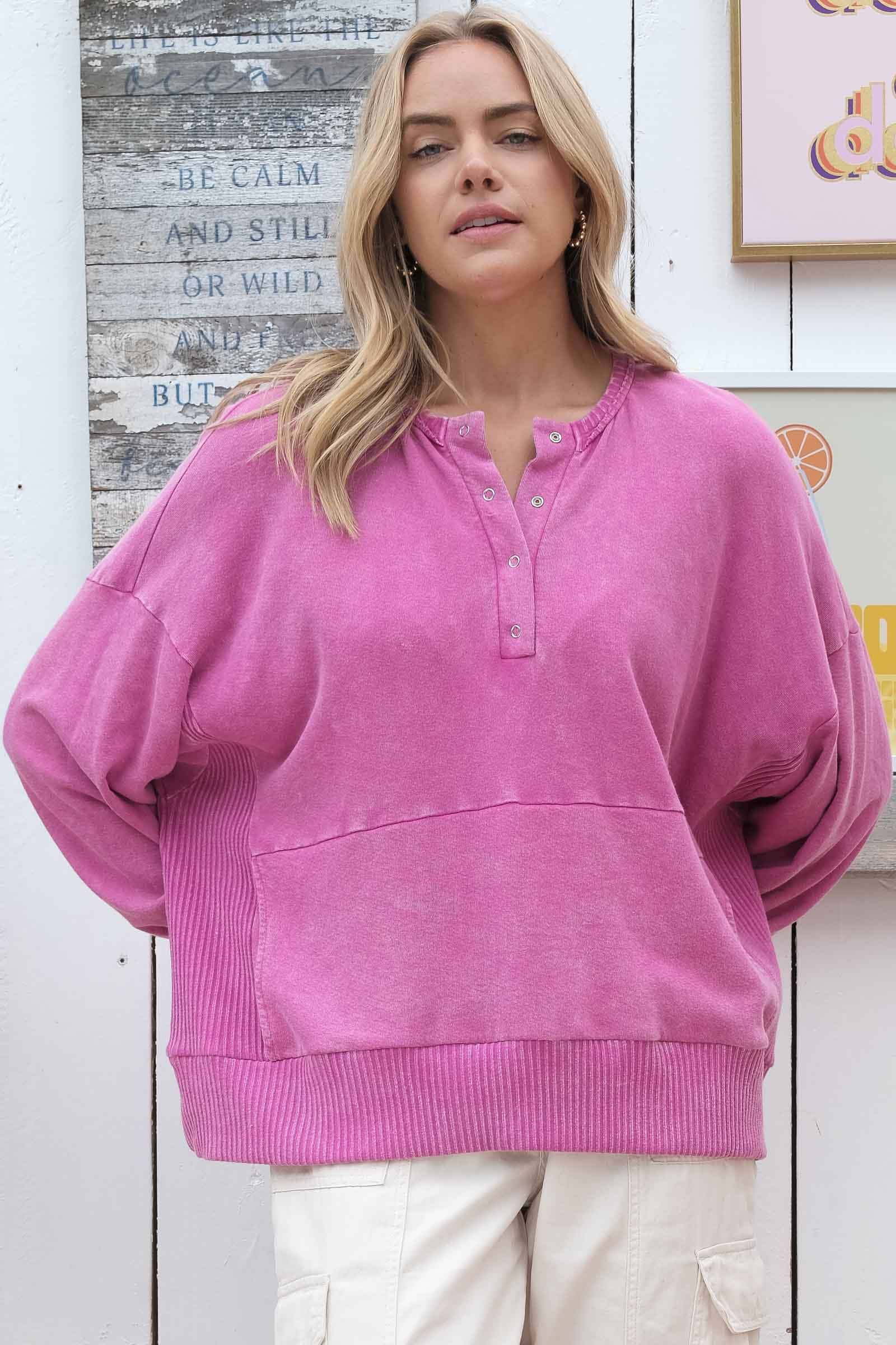 Magenta Plus Garment-dyed oversized top with a front pocket-PLT9681 for wholesale on Faire0