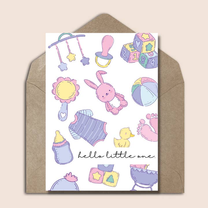 Grußkarte Geburt Kind mit Babyzeug für den Großhandel von Studio Mo