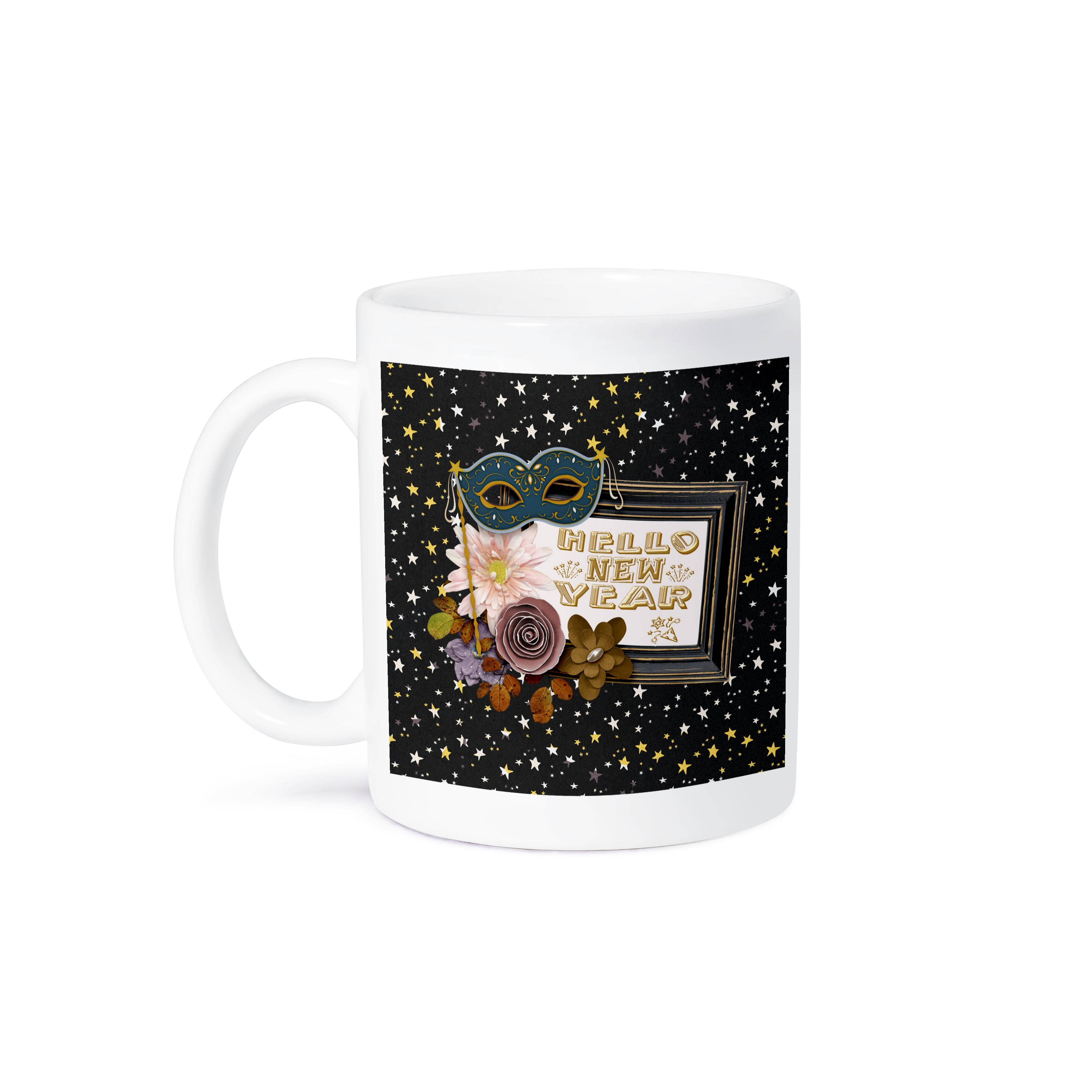3dRose - Wholesale Coffee Mug - 3dRose, Image of Hello New Year, Mask, Flora Frame, Star Print, Gold Black, Mug8