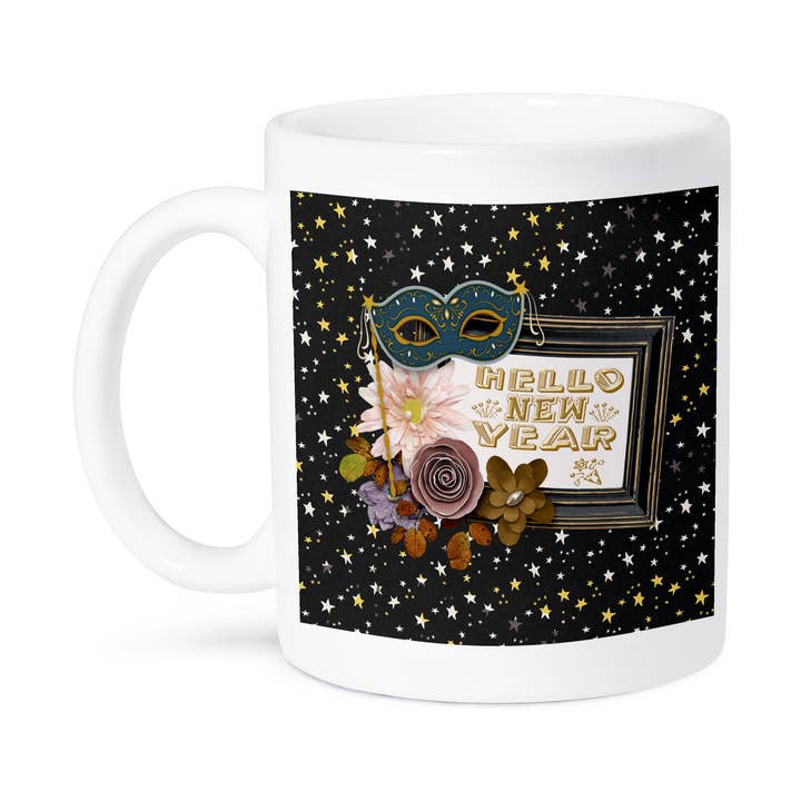 3dRose - Wholesale Coffee Mug - 3dRose, Image of Hello New Year, Mask, Flora Frame, Star Print, Gold Black, Mug8