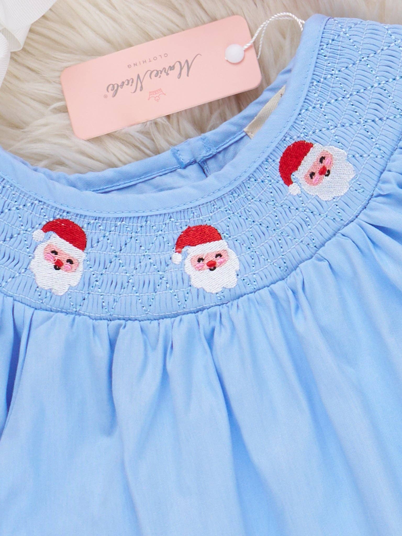 Marie Nicole Clothing - Wholesale Dress - Kids - Blue Chambray Smocked Santas Ruffle Dress1
