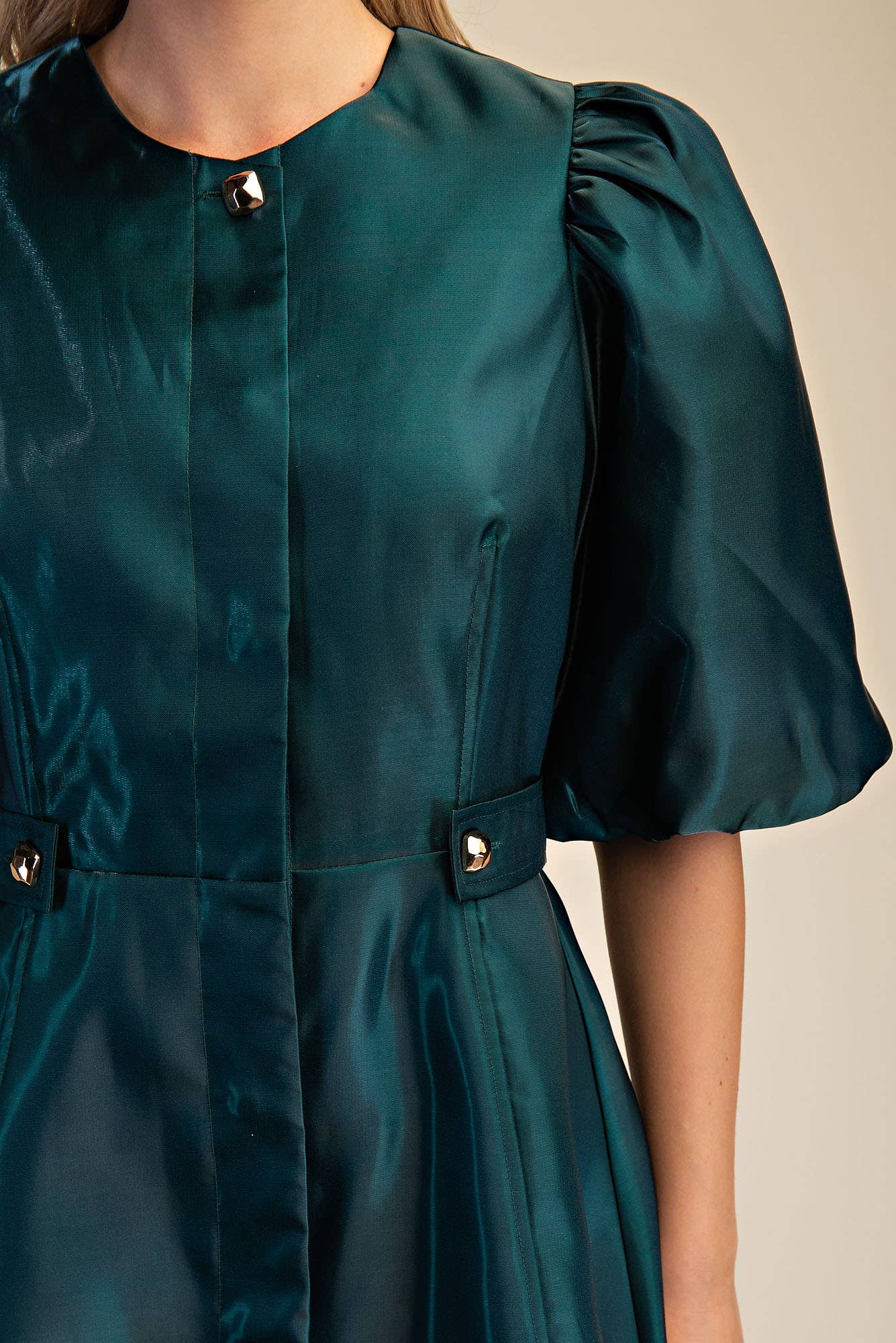 Glam - Wholesale Dress - Women's - Collar Neck Puff Sleeve Waist Detail Shiny Mini Dress7