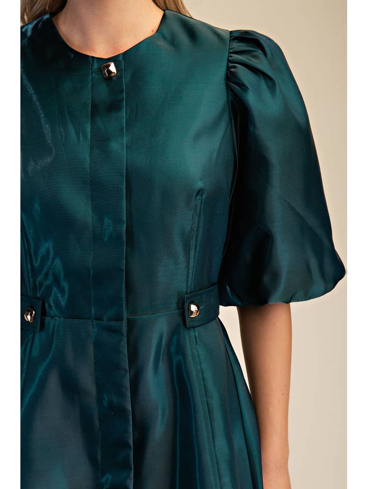 Glam - Wholesale Dress - Women's - Collar Neck Puff Sleeve Waist Detail Shiny Mini Dress7