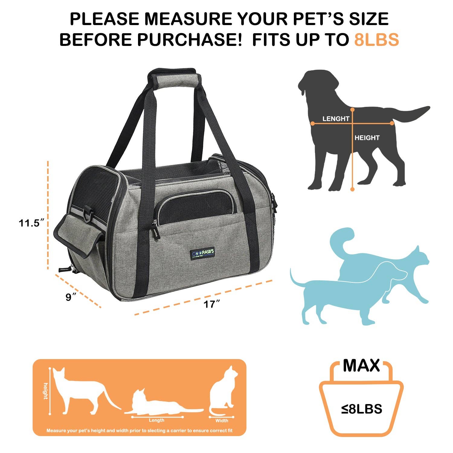 Jespet - Wholesale Pet Carrier - Cat/Dog - GOOPAWS Soft Sided Pet Carrier Perfect for Travel, Smoke Grey, 17"1