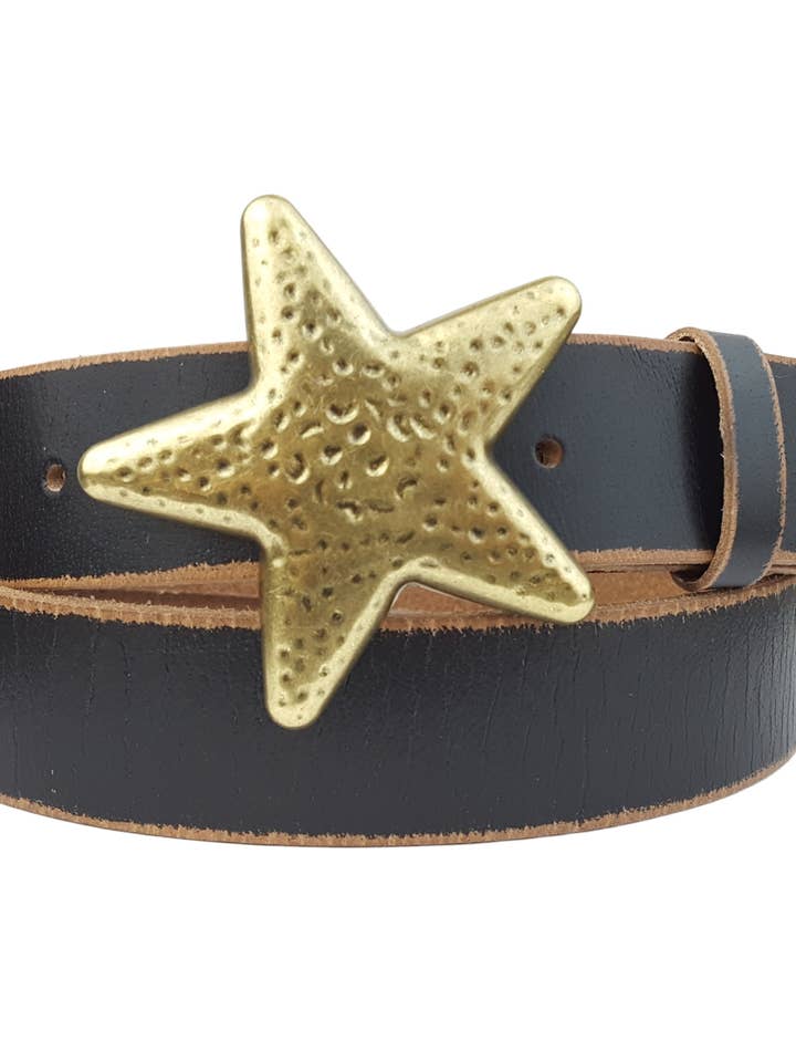 Distressed Vintage Leather belt w. Brass Star Buckle for wholesale by Axesoria West