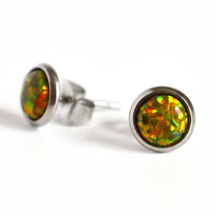 Olive Lab Opal Stud Earrings, Surgical Steel Hypoallergenic Studs for wholesale by Little Gems Jewels
