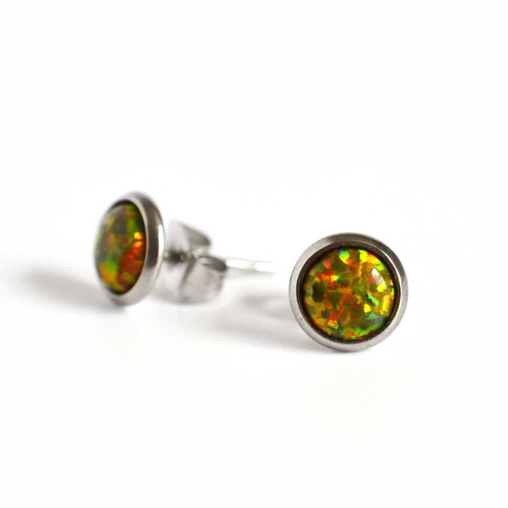 Olive Lab Opal Stud Earrings, Surgical Steel Hypoallergenic Studs for wholesale by Little Gems Jewels
