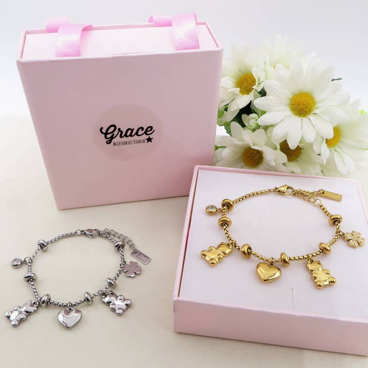Daemon srls - Wholesale Charm/Dangle Bracelet - TEDDY CLOVER - Bracciale con orsetti, quadrifoglio e cuori pendenti bombe' ACCIAIO INOSSIDABILE4
