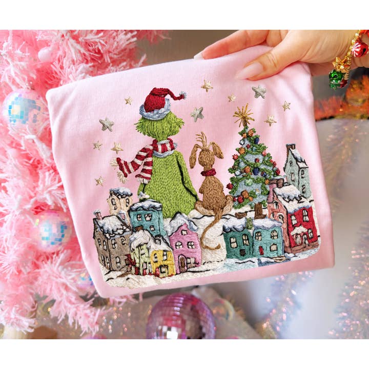 Faux Yarn Grinchy Town Scene Pink Tee or Sweatshirt for wholesale by The Red Rival Wholesale