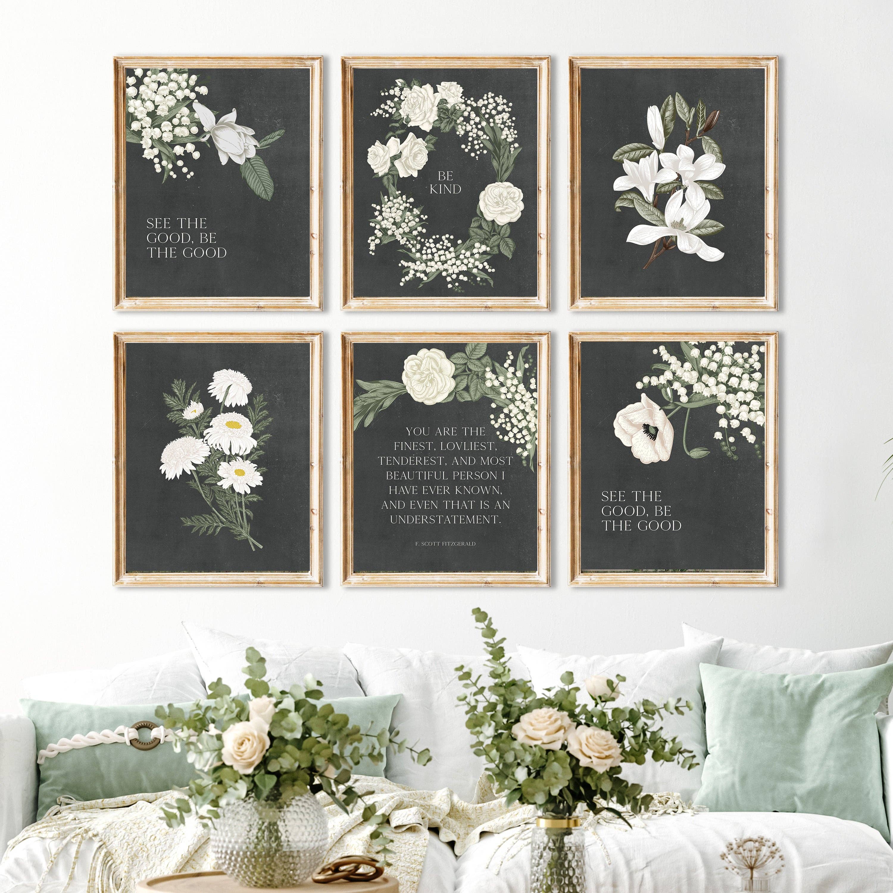 Paper House Print Shop - Wholesale Gallery Wall Set - Set of 6 Art Prints Vintage White Botanicals on Chalkboard0