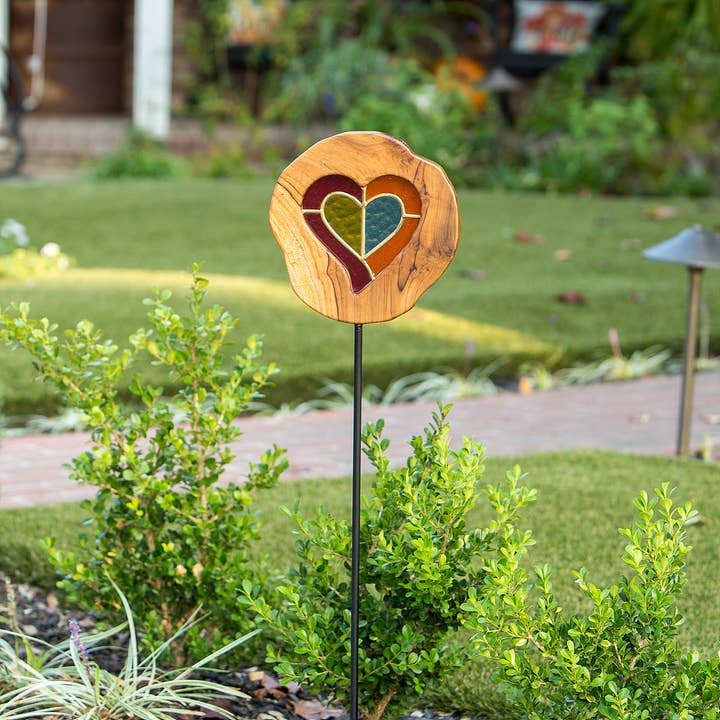 Garden Age Supply - Wholesale Garden/Lawn Stake - Teak Slab Stained Glass Heart Garden Stake - 4FT1