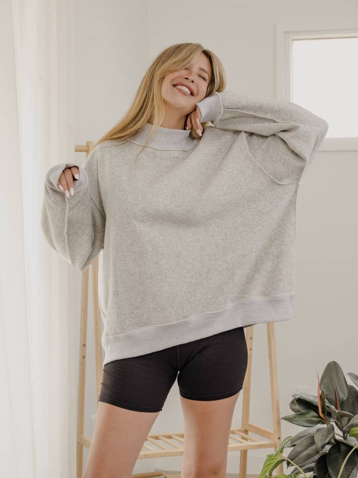 LivyLu - Wholesale Graphic Sweatshirt - Women's - Merry Tall Boy Holiday Gray Reversible Mock Neck Sweatshirt 1