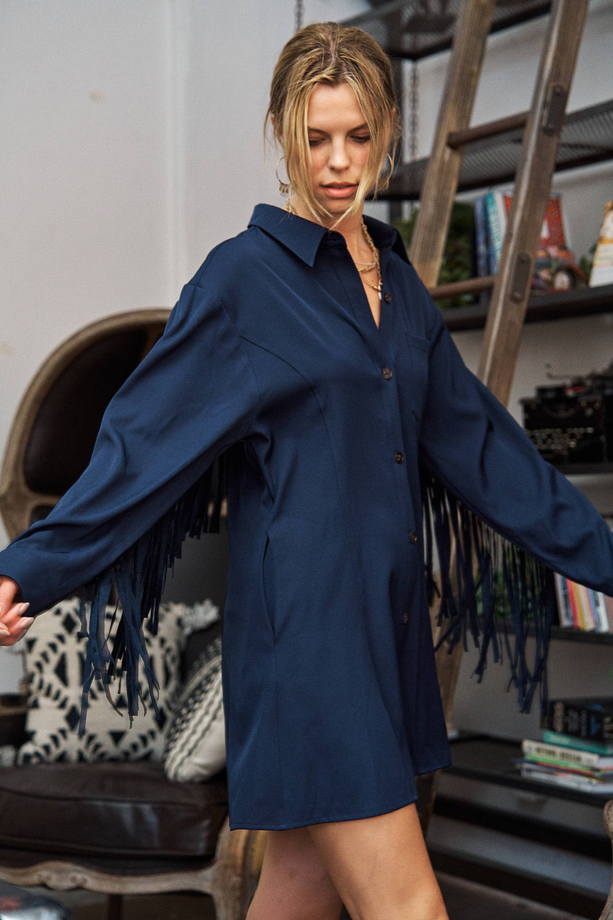 JADE BY JANE - Wholesale Dress - Women's - Western Fringe Trim Woven Shirt Dress JJD50171