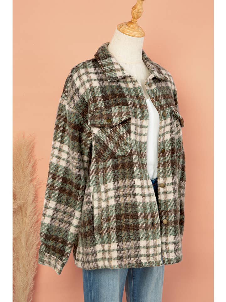Aapparella - Wholesale Shirt Jacket/Shacket - Women's - Plaid Print Chest Pockets Turn Down Shacket | S-XL