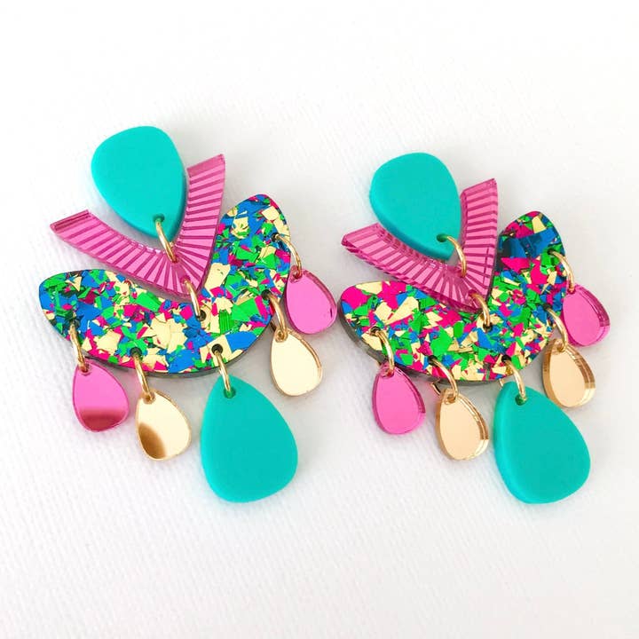Green Multicolour Chandelier Dangles - Statement Acrylic Earrings for wholesale by Lacey Lou Sparkles