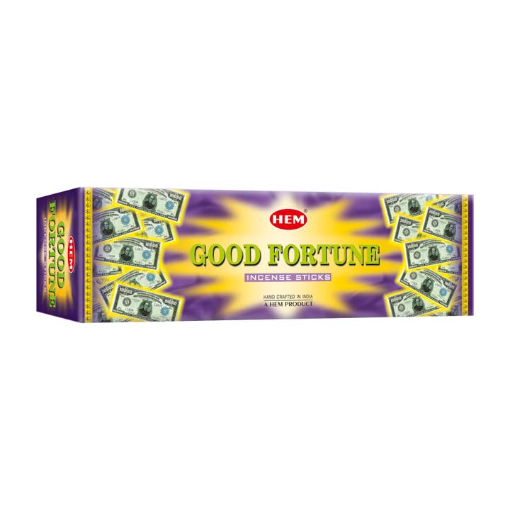 HEM GoodFortune — bâtons d'encens – Pack carré (25 packs × 8 bâtons) pour la vente par Garland of Letters Bookstore
