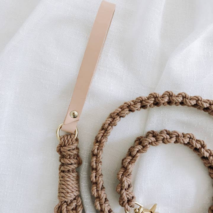 EMBER & IVORY – wholesale Hundkoppel - Hund – Macrame hundkoppel med läderhandtag - Java Brown Rope2