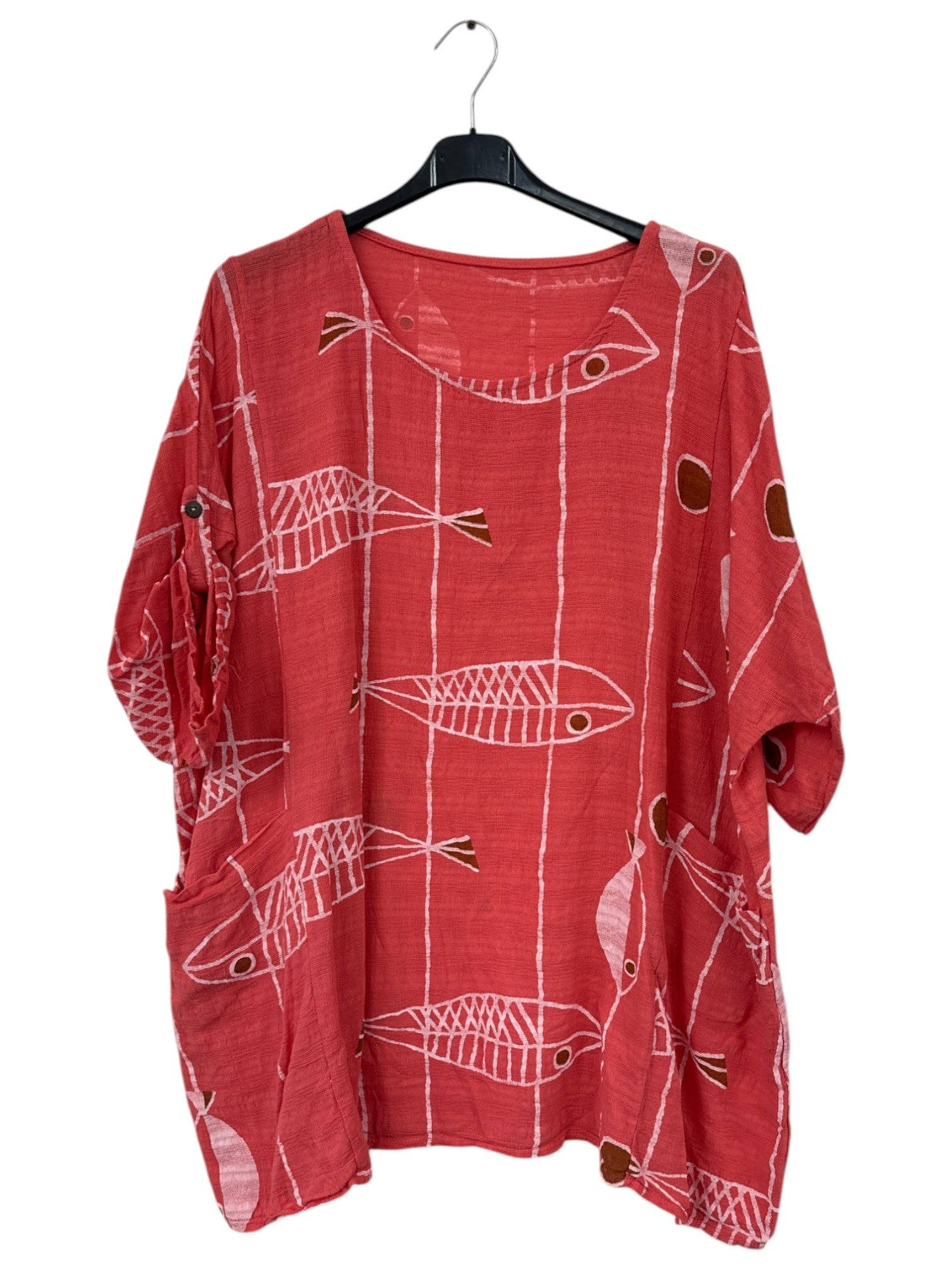 Miss Bold - Wholesale Blouse - Women's - Italian Crinkle Cotton Fish Print Top with Pockets & Turn-Up Sleeves2