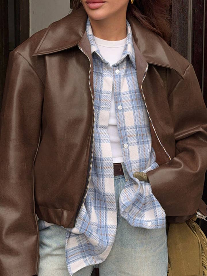 Chaqueta chic de piel sintética con cremallera frontal para venta al por mayor de Mccolin