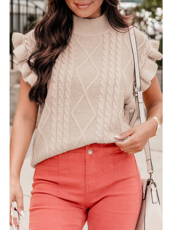 Parchment Cable Ruffle Mock Neck Sweater for wholesale on Faire