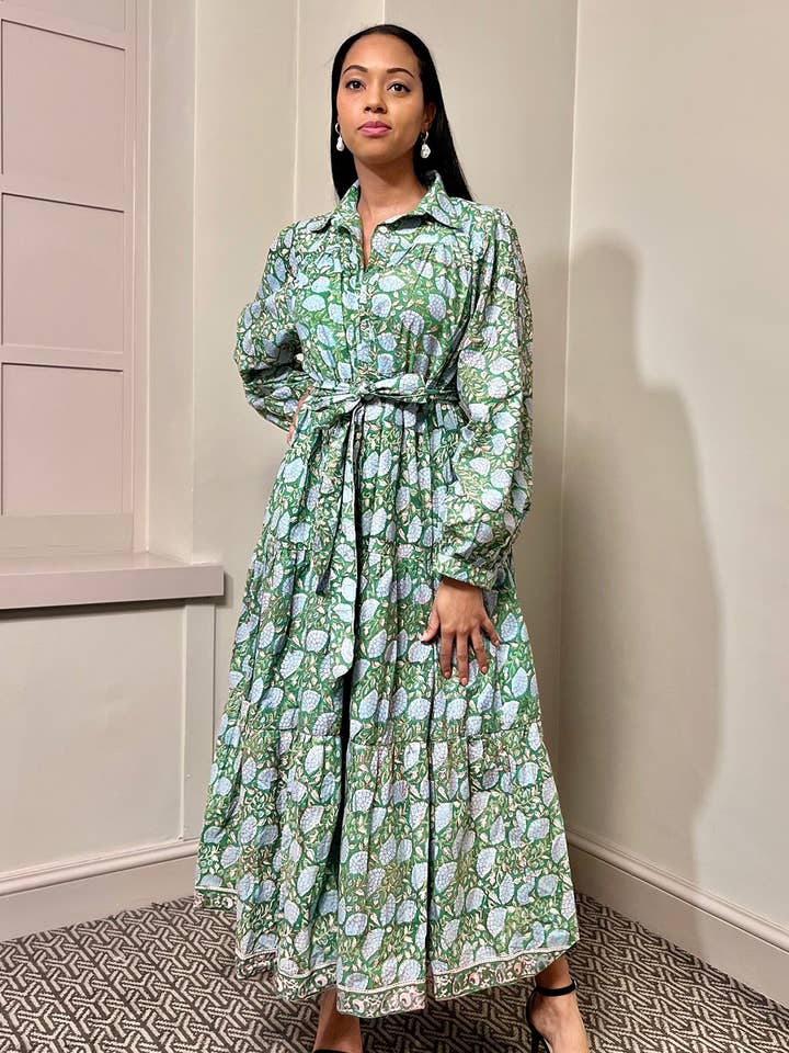 Vestido largo de algodón con estampado de bloques de Diana y mangas largas para venta al por mayor de Designerfriday