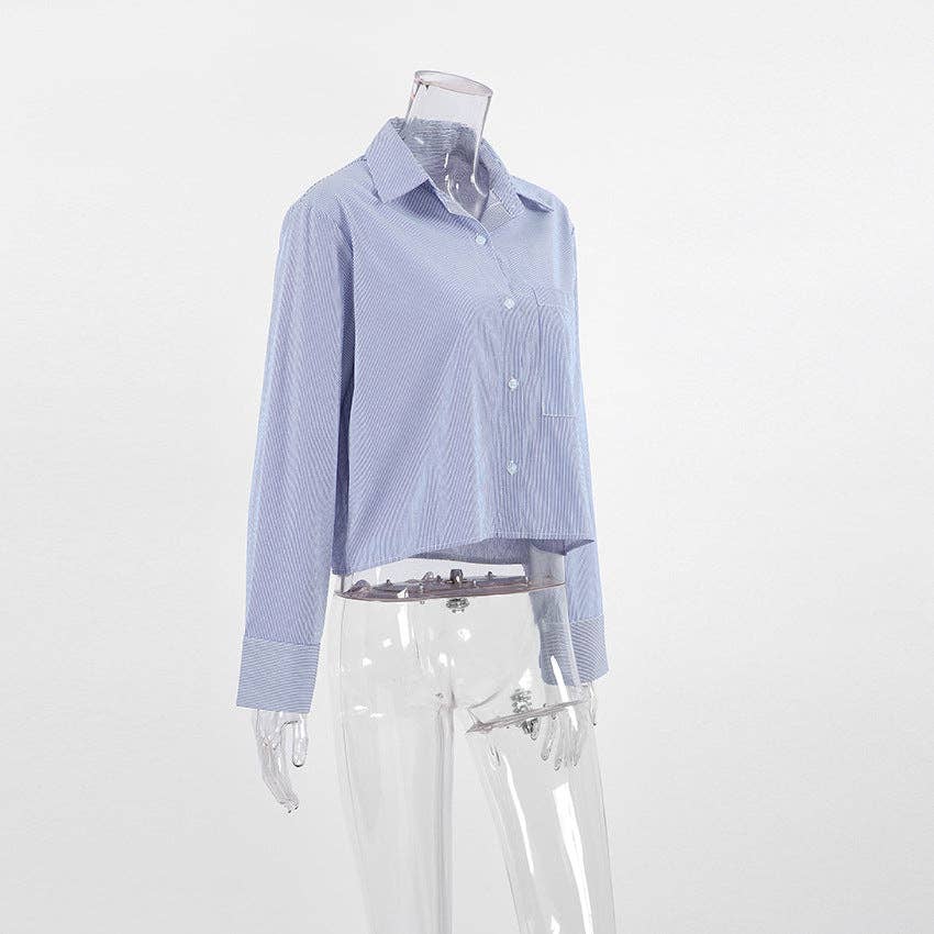 Bleu Chemise courte rayée à manches longues pour femmes SKT270 en vente sur Faire9