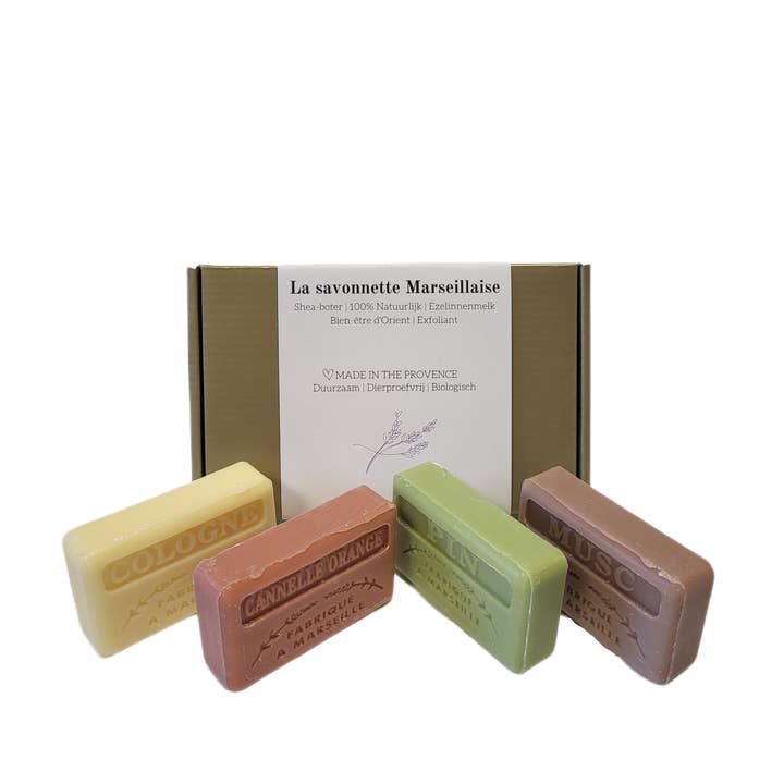 Savons.nl - Savon de marseille distributeur - Wholesale Bar Soap - Christmas gift soap set Cologne, Cinnamon-orange, Pine, Musk