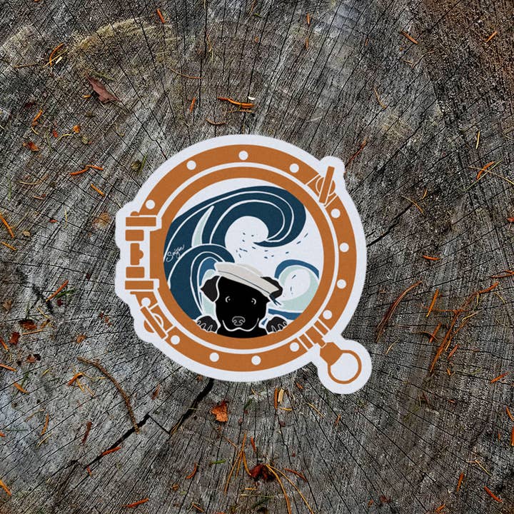 Porthole Pup Waterproof Sticker for wholesale by Soijen Illustrations