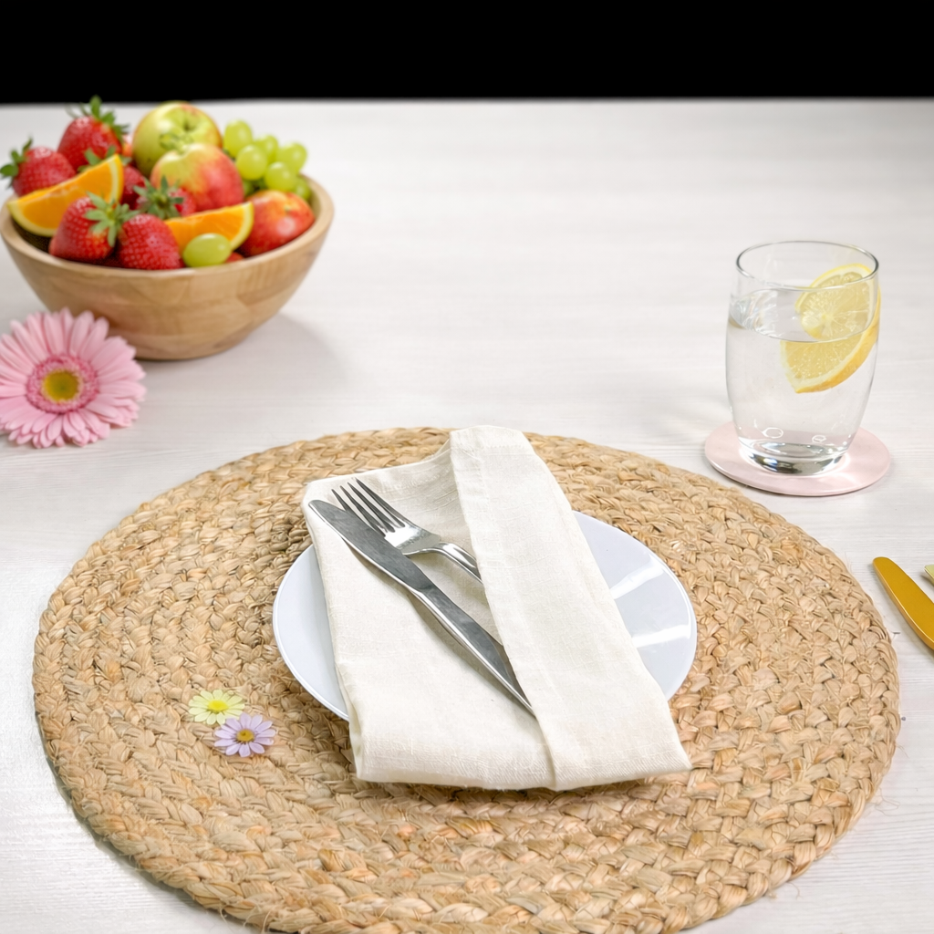 JUTE NATUREL Set de 4 sets de table ronds en jute tressée, 38 cm, couleur naturelle en vente sur Faire1