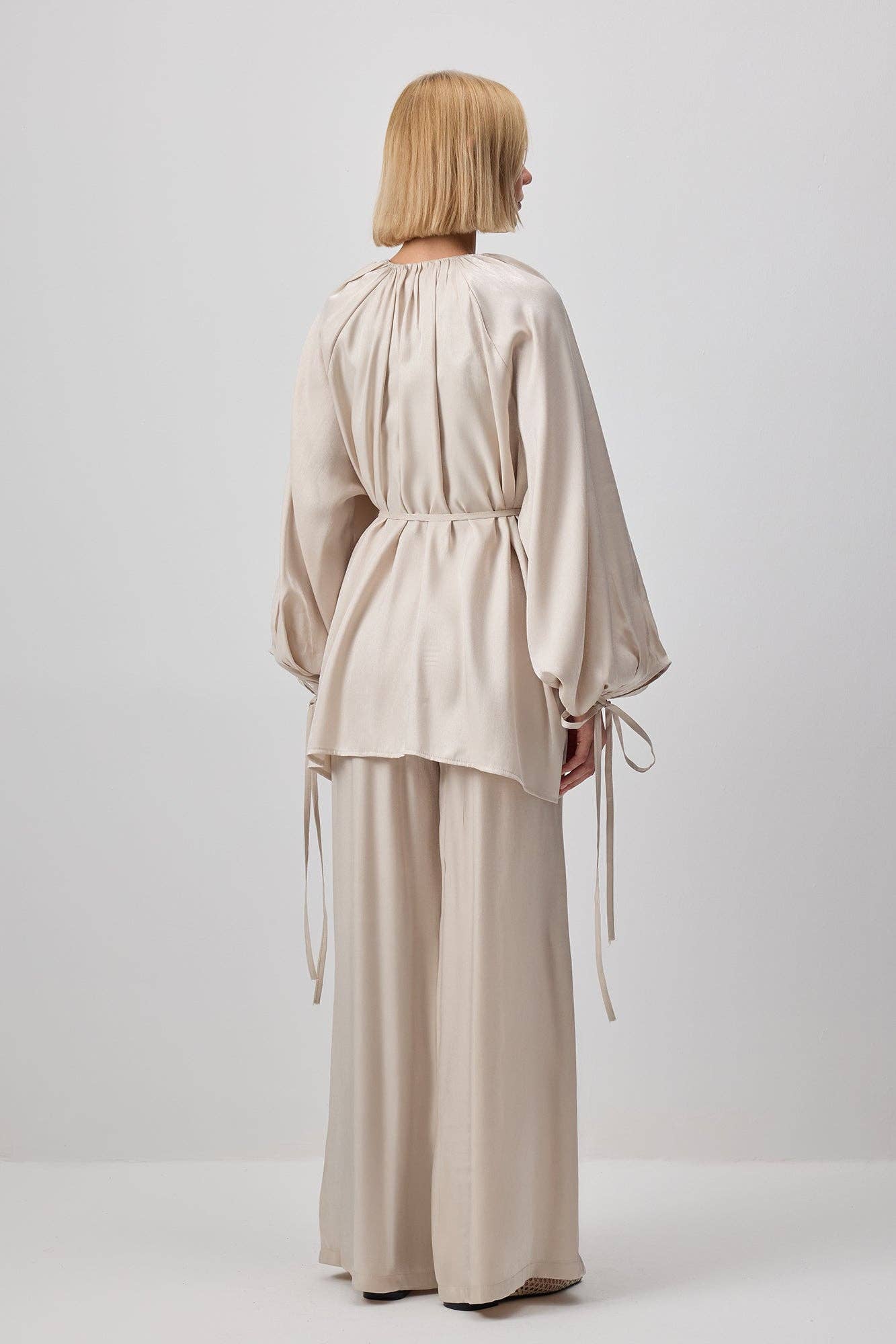 Stone Textured Satin Look Belted Tunic & Wide Leg Pants Set for wholesale on Faire2