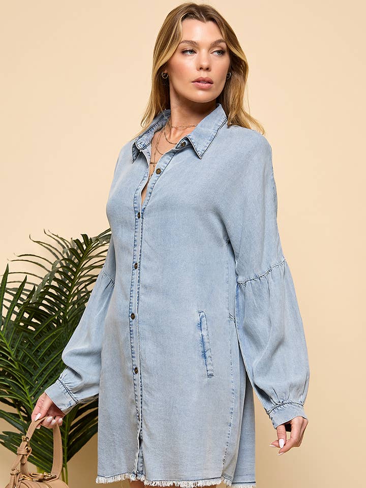 Denim POCKETED CHAMBRAY BUTTON DOWN TUNIC for wholesale on Faire0