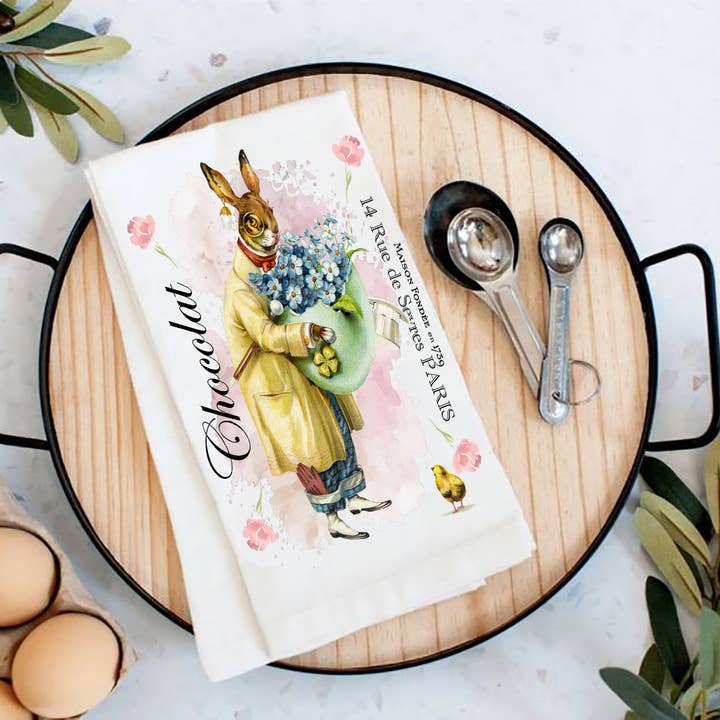 Vintage French Easter Bunny Chocolate Tea Towel for wholesale by Avery Lane Gifts