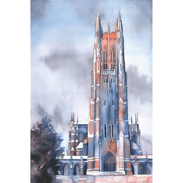 Duke Chapel sur le campus de l'université Duke, Durham, Caroline du Nord (États-Unis). Aquarelle d'art de Duke Chapel Blue Devils (impression) pour la vente par Ryan Fox Fine Art