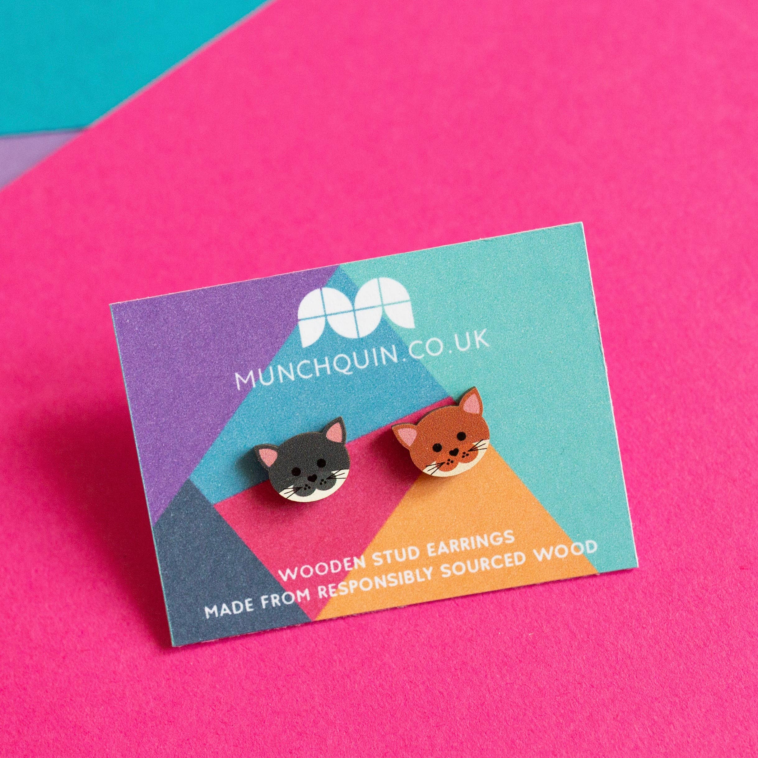 Hey There Munchquin – wholesale Stud/post earrings – Mismatched cats - cute wooden stud earrings