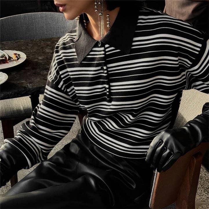 OceanusSwim - Wholesale Knit top – Women's - Color Block Stripe Polo Collar Knit T-Shirt1